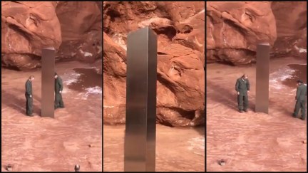 collage of three images of a large metal monolith in the utah dessert