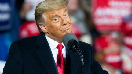 Donald Trump smirks during a rally.