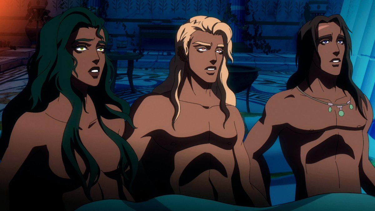 Apollo in bed with two other lovers in Blood of Zeus