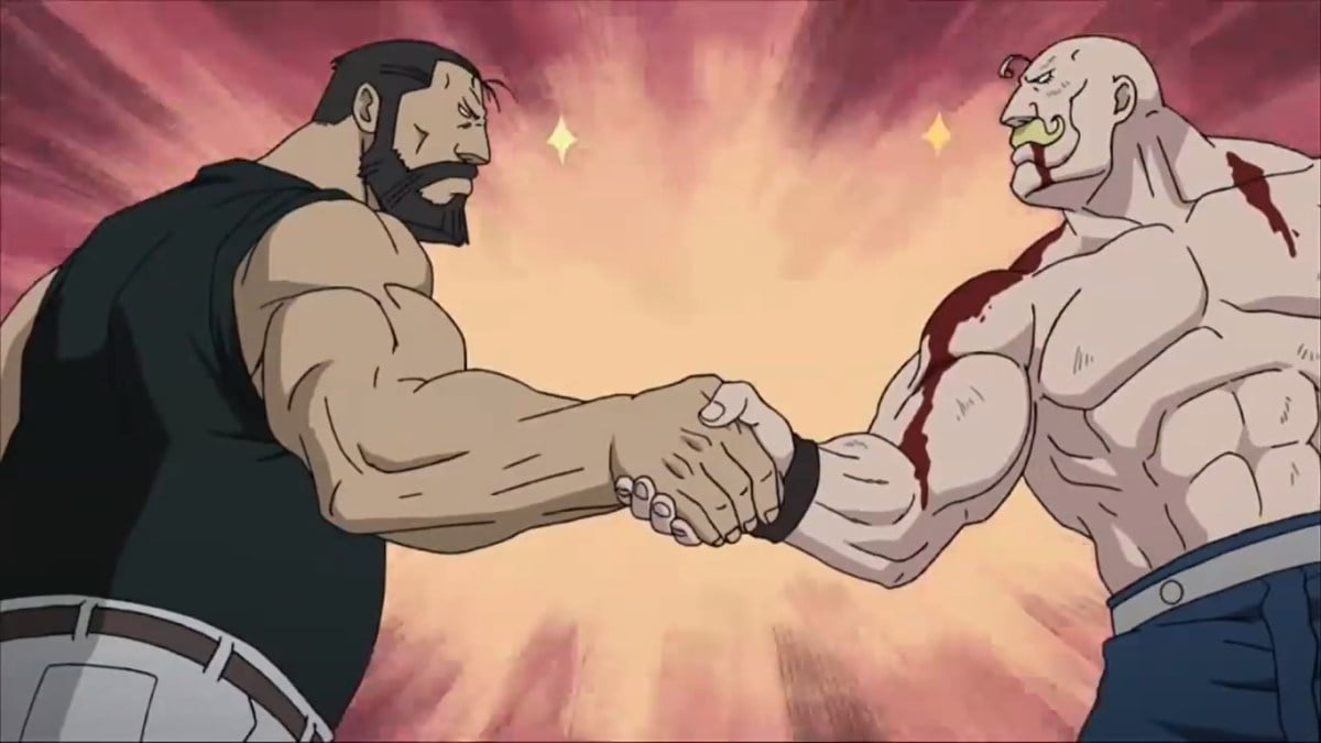 Image of Curtis and Armstrong shaking hands in Fullmetal Alchemist