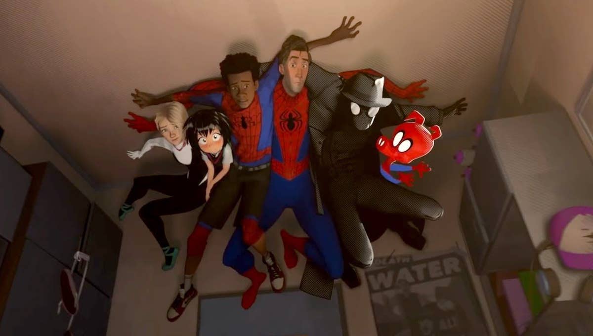 All of the spider people clinging to the ceiling in Spider-Man: Into the Spiderverse
