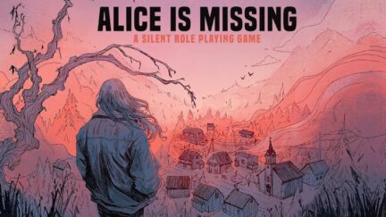 Title art for the game Alice Is Missing shows a person with long hair standing on a hill, looking down at a small town.