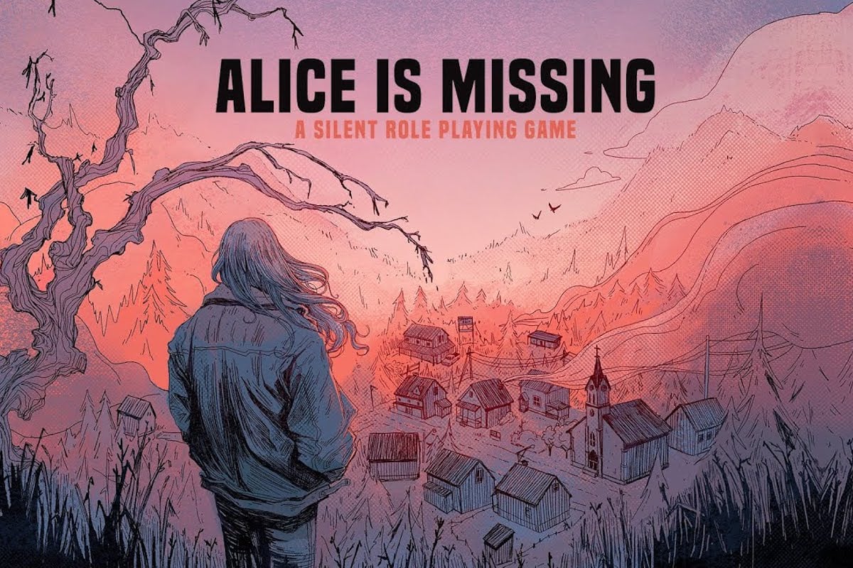 Title art for the game Alice Is Missing shows a person with long hair standing on a hill, looking down at a small town.