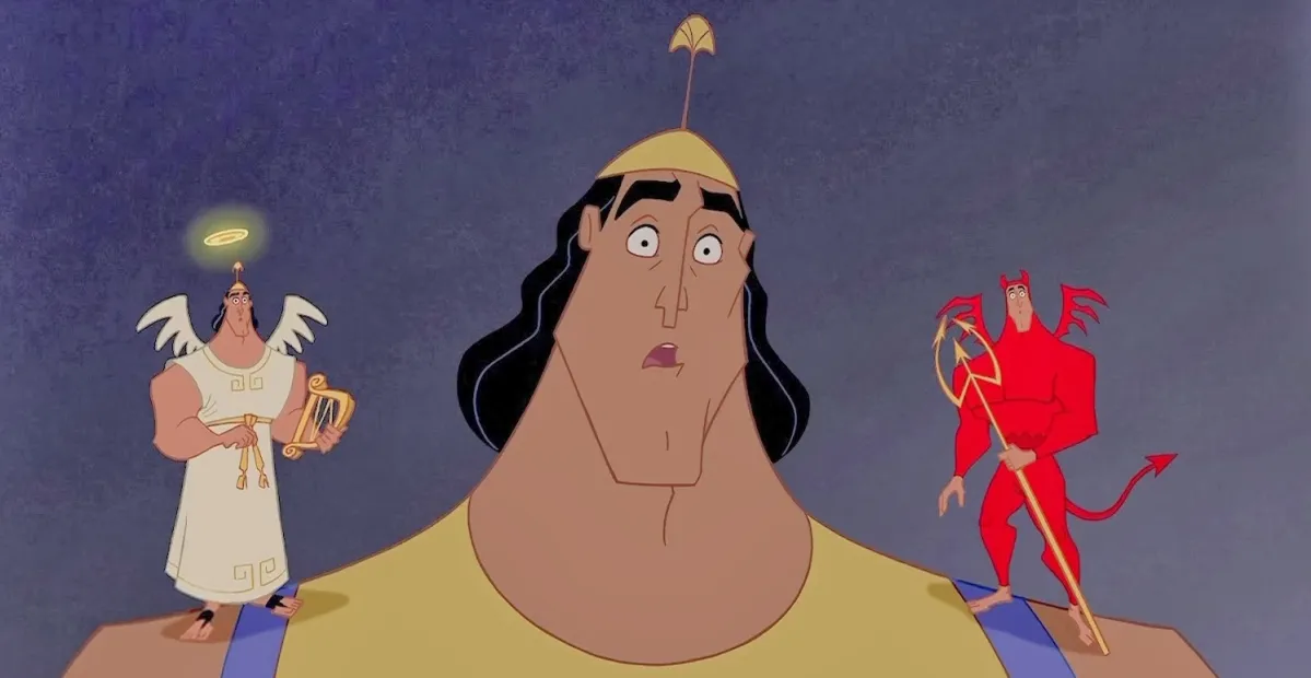 kronk with an angel and a devil in the emperor's new groove
