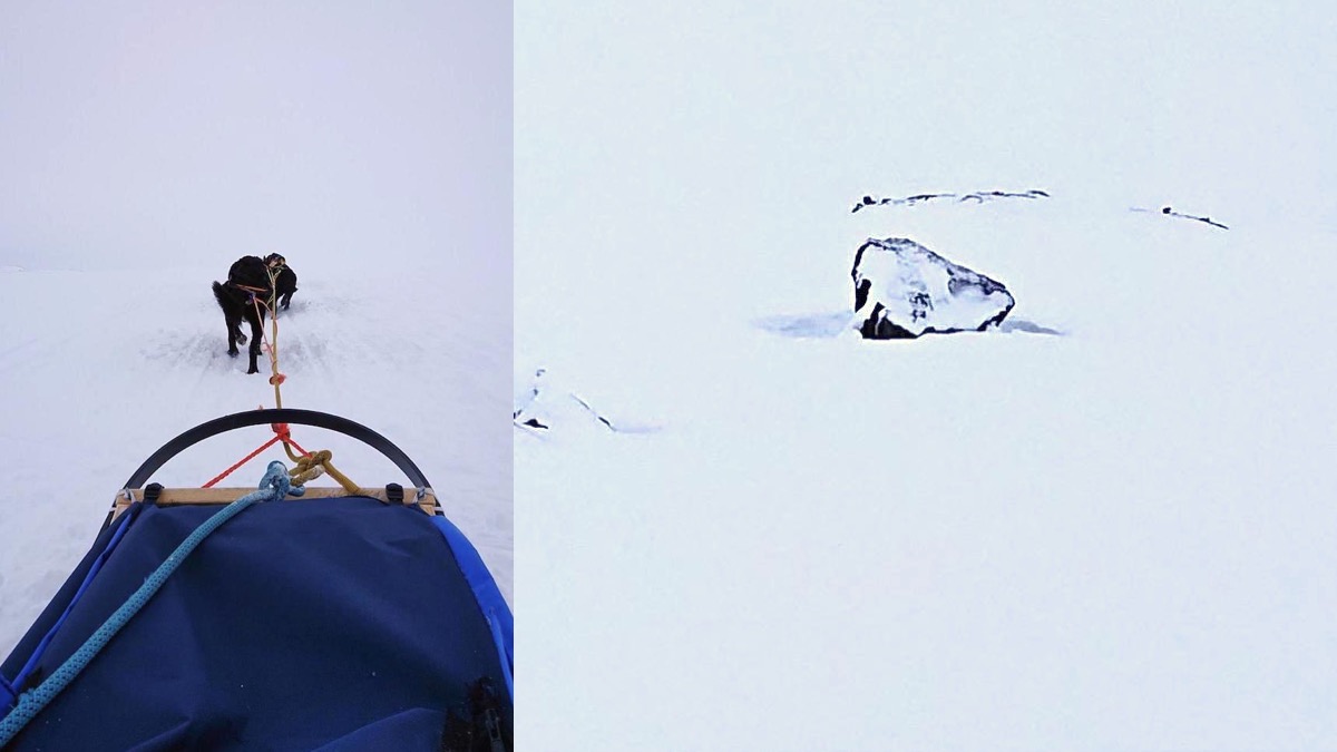 Left: Sled dog pulling a sled in a whiteout in Finse, Norway where Star Wars: The Empire Strikes Back's Hoth scenes were filmed. Right: "Han's Rock."