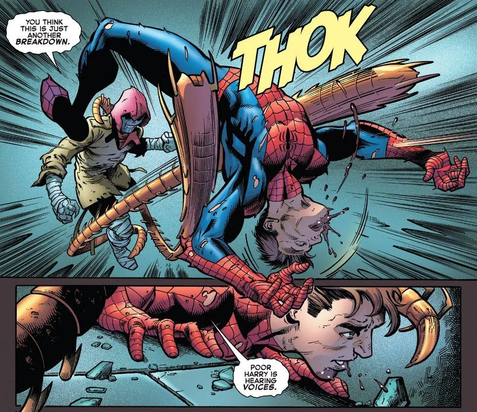 Harry Osborn attacks Peter Parker/Spider-Man as Kindred.