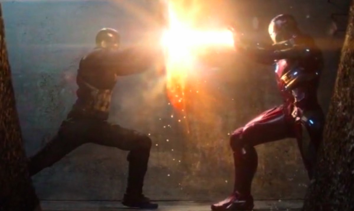Iron Man and Captain America clash over Cap's shield in Captain America: Civil War.