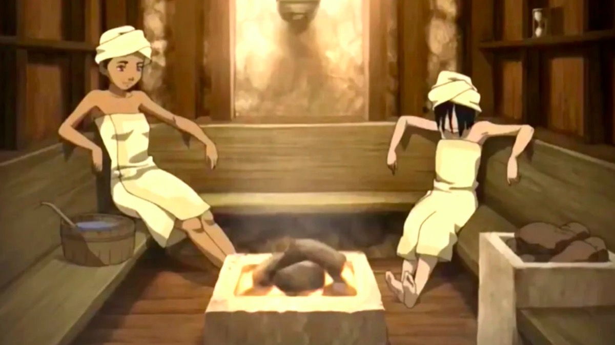 Katara and Toph in the sauna in the Avatar: The Last Airbender "filler" episode "The Tales of Ba Sing Se."