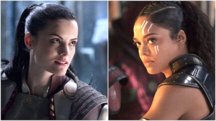 Jaimie Alexander as Lady Sif and Tessa Thompson as Valkyrie