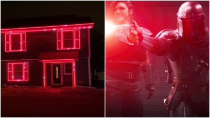 red mandalorian blaster fire at a red holiday light house