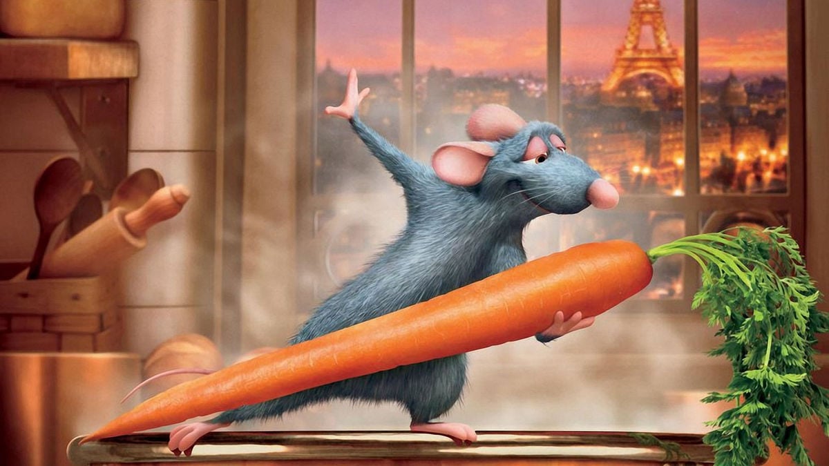 a rat dances with a carrot in ratatouille