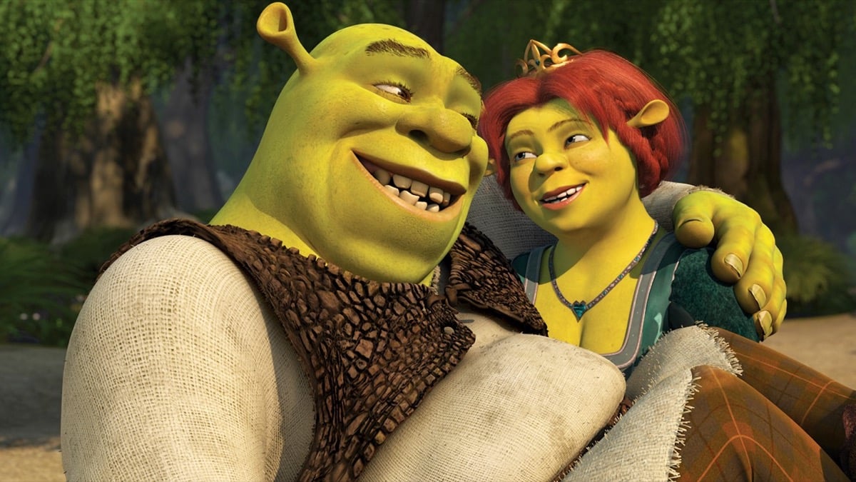 Shrek and Fiona embrace in Shrek.