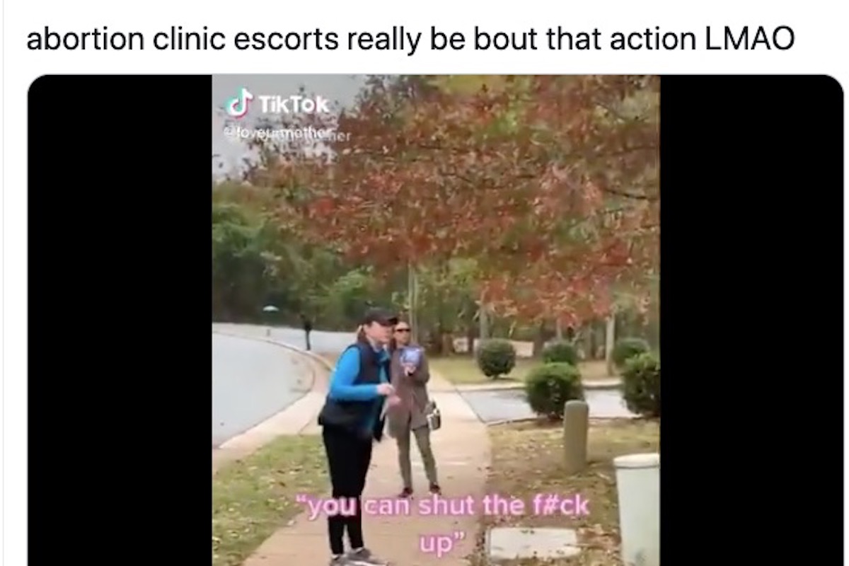 A tiktok video of a clinic escort yelling at a protester.
