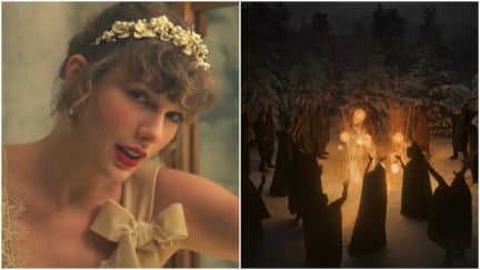 collage of taylor swift and a coven of witches in the video for willow
