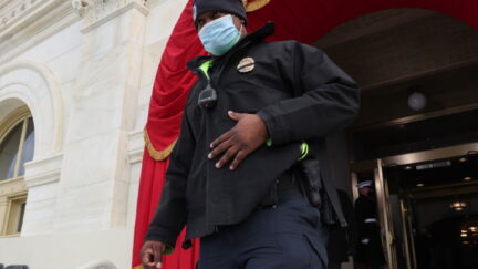 U.S. Capitol Police Officer Eugene Goodman, hailed by many for his heroism during the January 6 attack on the U.S. Capitol, participates in a the dress rehearsal for the inauguration of President-elect Joe Biden at the Capitol on January 18, 2021 in Washington, DC