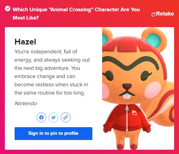 Screencap of the Animal Crossing Quiz from Buzzfeed