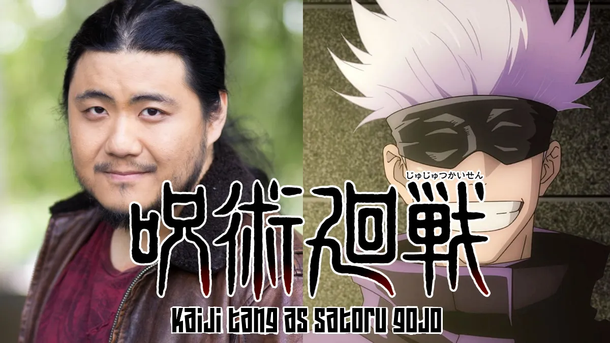 Image of Kaiji Tang's headshot with Satoru Gojo, the character he voices in Jujutsu Kaisen