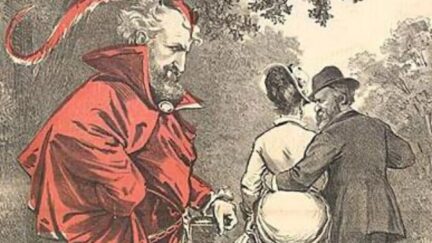 Caricature:Roscoe Conkling as Mephistopheles Centerfold of Puck 3 October 1877 Drawn by Joseph Keppler Caption: Conkling as Mephistopheles Unto that Power he doth belong Which only doeth Right while ever willing Wrong. – Goethe's Faust. The other figures in the picture are Rutherford B. Hayes and a woman labeled as 