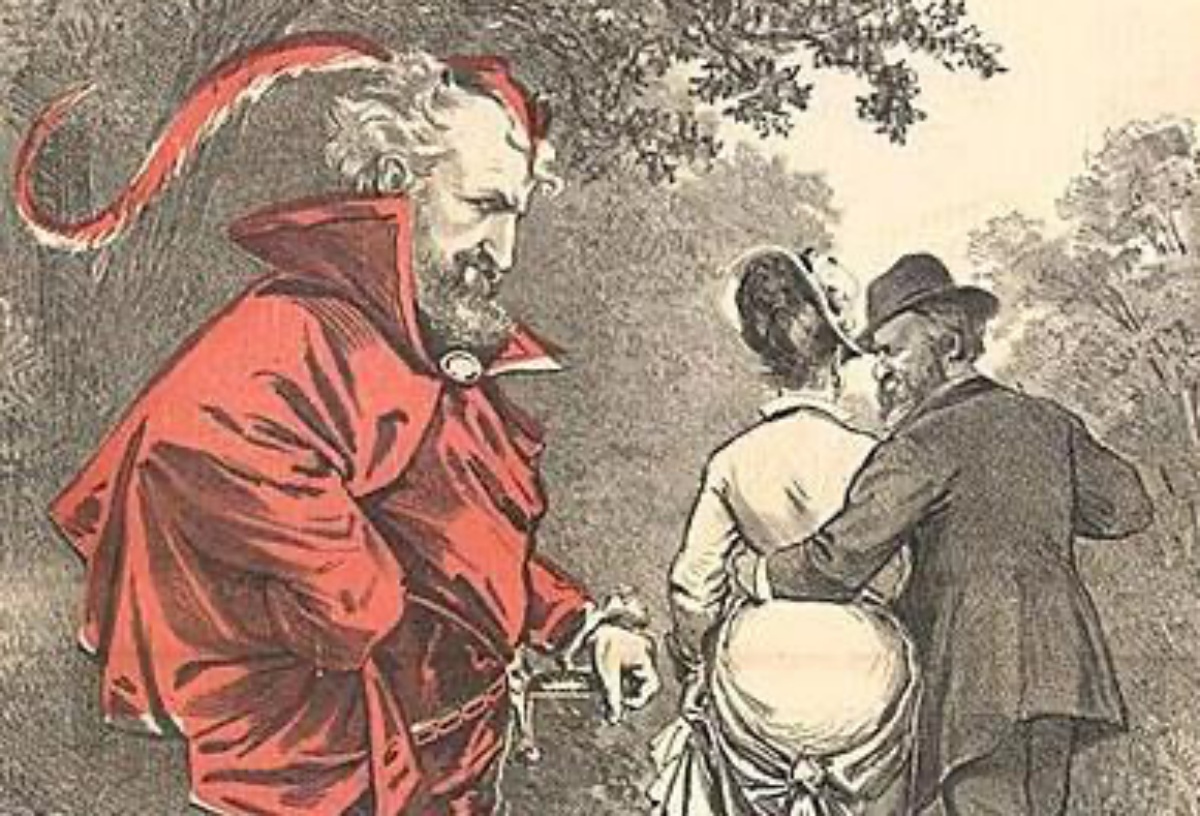Caricature:Roscoe Conkling as Mephistopheles Centerfold of Puck 3 October 1877 Drawn by Joseph Keppler Caption: Conkling as Mephistopheles Unto that Power he doth belong Which only doeth Right while ever willing Wrong. – Goethe's Faust. The other figures in the picture are Rutherford B. Hayes and a woman labeled as "Solid South". The cartoon is about the Compromise of 1877