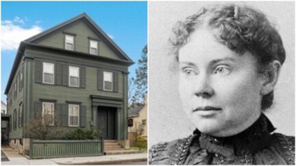 collage of lizzie borden and the house where she allegedly killed her parents