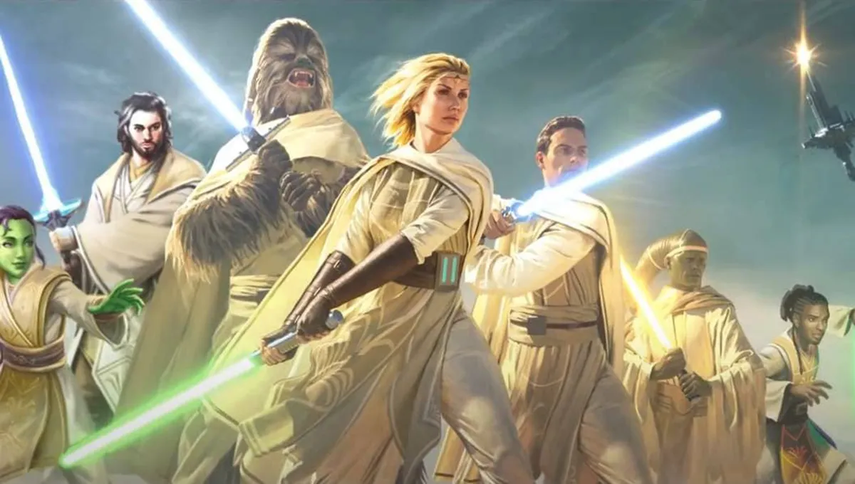 Covert art for Star Wars: The High Republic - Light of the Jedi by Charles Soule, featuring several Jedi wielding their lightsabers, including a blonde woman, a dark-haired man, and a Wookiee