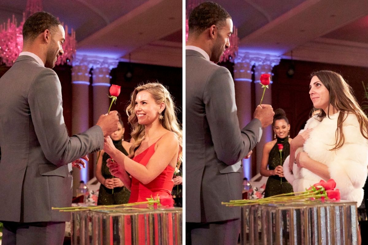 The Bachelor Matt gives Anna and Victoria a rose during Rose Ceremony.