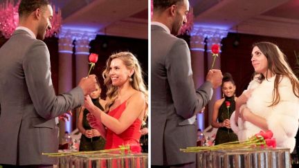 The Bachelor Matt gives Anna and Victoria a rose during Rose Ceremony.