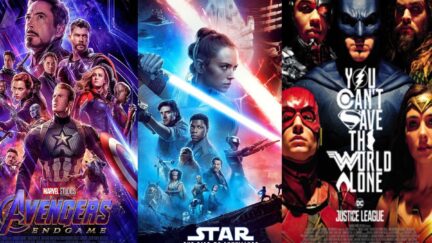 Posters for Marvel's Avengers: Endgame, Star Wars: The Rise of Skywalker, and DC's Justice League.