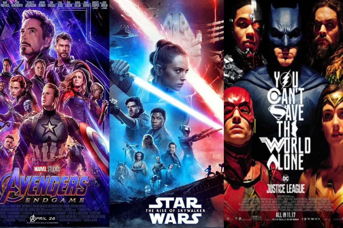 Posters for Marvel's Avengers: Endgame, Star Wars: The Rise of Skywalker, and DC's Justice League.