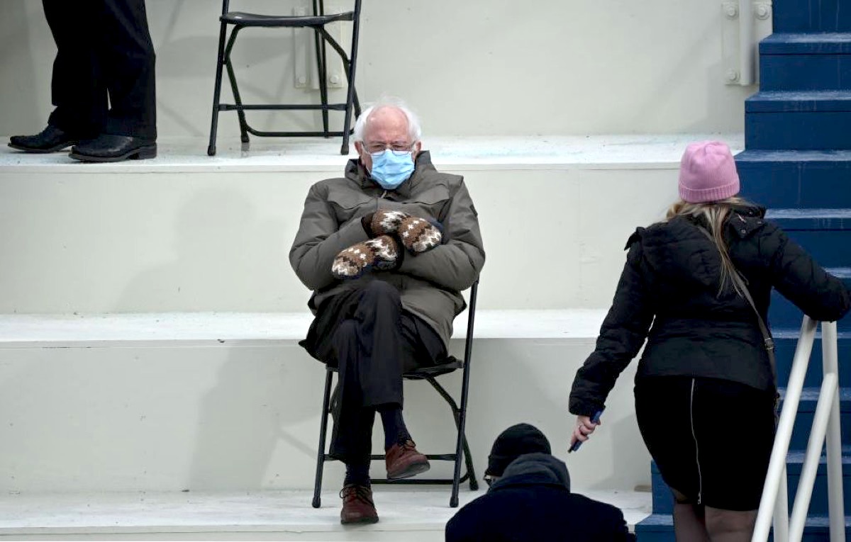 Former presidential candidate, Senator Bernie Sanders (D-Vermont) sits in the bleachers on Capitol Hill before Joe Biden is sworn in as the 46th US President on January 20, 2021, at the US Capitol in Washington, DC.