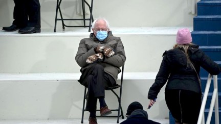 Former presidential candidate, Senator Bernie Sanders (D-Vermont) sits in the bleachers on Capitol Hill before Joe Biden is sworn in as the 46th US President on January 20, 2021, at the US Capitol in Washington, DC.