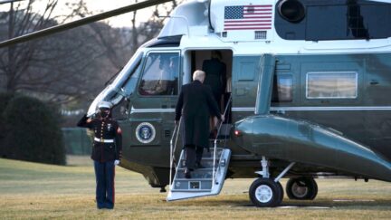 WASHINGTON, DC - JANUARY 20: President Donald Trump and first lady Melania Trump board Marine One as they depart the White House on January 20, 2021 in Washington, DC. President Trump is making his scheduled departure from the White House for Florida, several hours ahead of the inauguration ceremony for his successor Joe Biden, making him the first president in more than 150 years to refuse to attend the inauguration. (Photo by Eric Thayer/Getty Images)