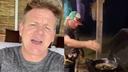 Gordon Ramsay watches a man cook a steak outdoors via TikTok.