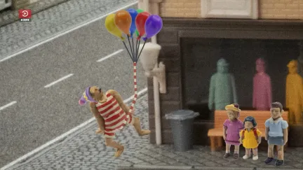 claymation man floating away with his very long penis attached to some balloons