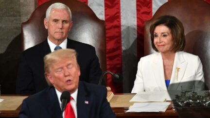 Nancy Pelosi sits next to Mike Pence, wearing her mace brooch while watching Trump give the state of the union address.