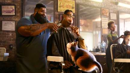 a scene in a barber shop from soul with a cat