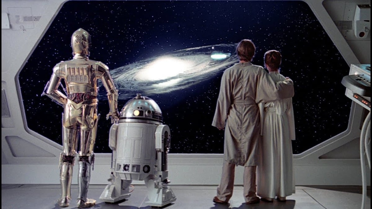 Like, Leia, R2-D2, and C-3PO gaze out into space at the rebel fleet at the cliffhanger ending of Star Wars: The Empire Strikes Back.