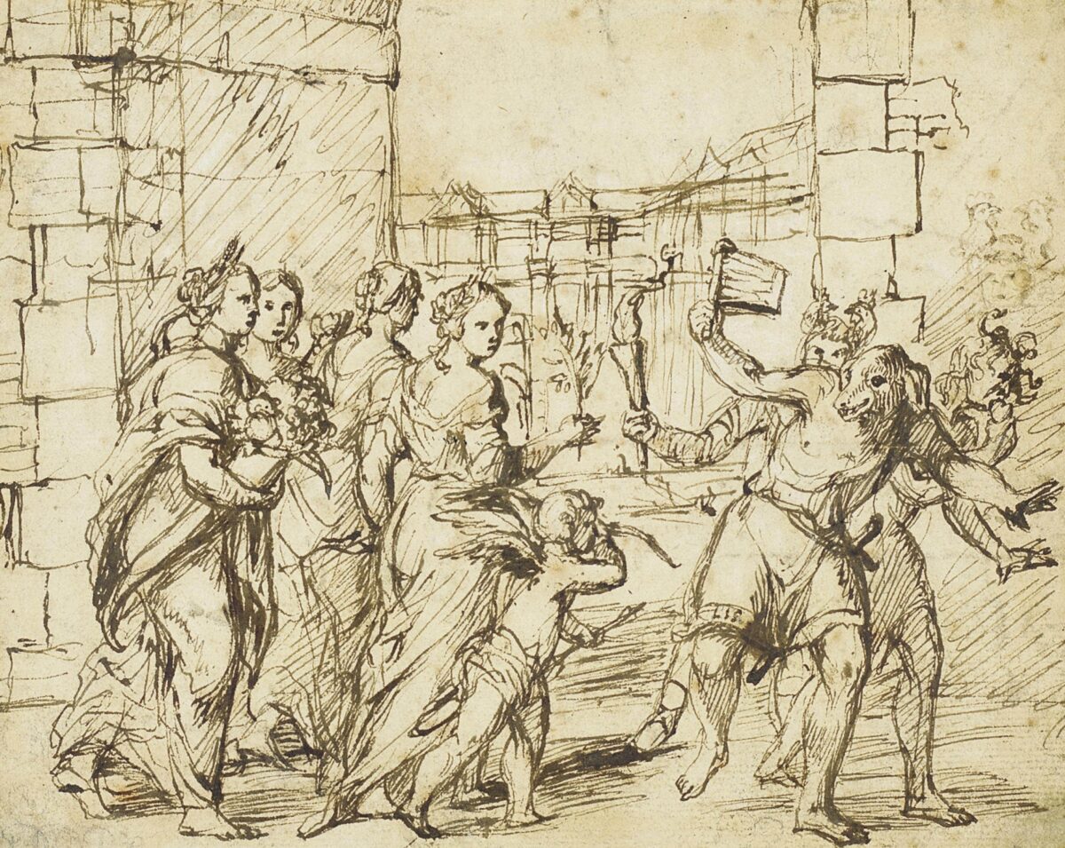  The Lupercalian Festival in Rome (ca. 1578–1610), drawing by the circle of Adam Elsheimer, showing the Luperci dressed as dogs and goats, with Cupid and personifications of fertility