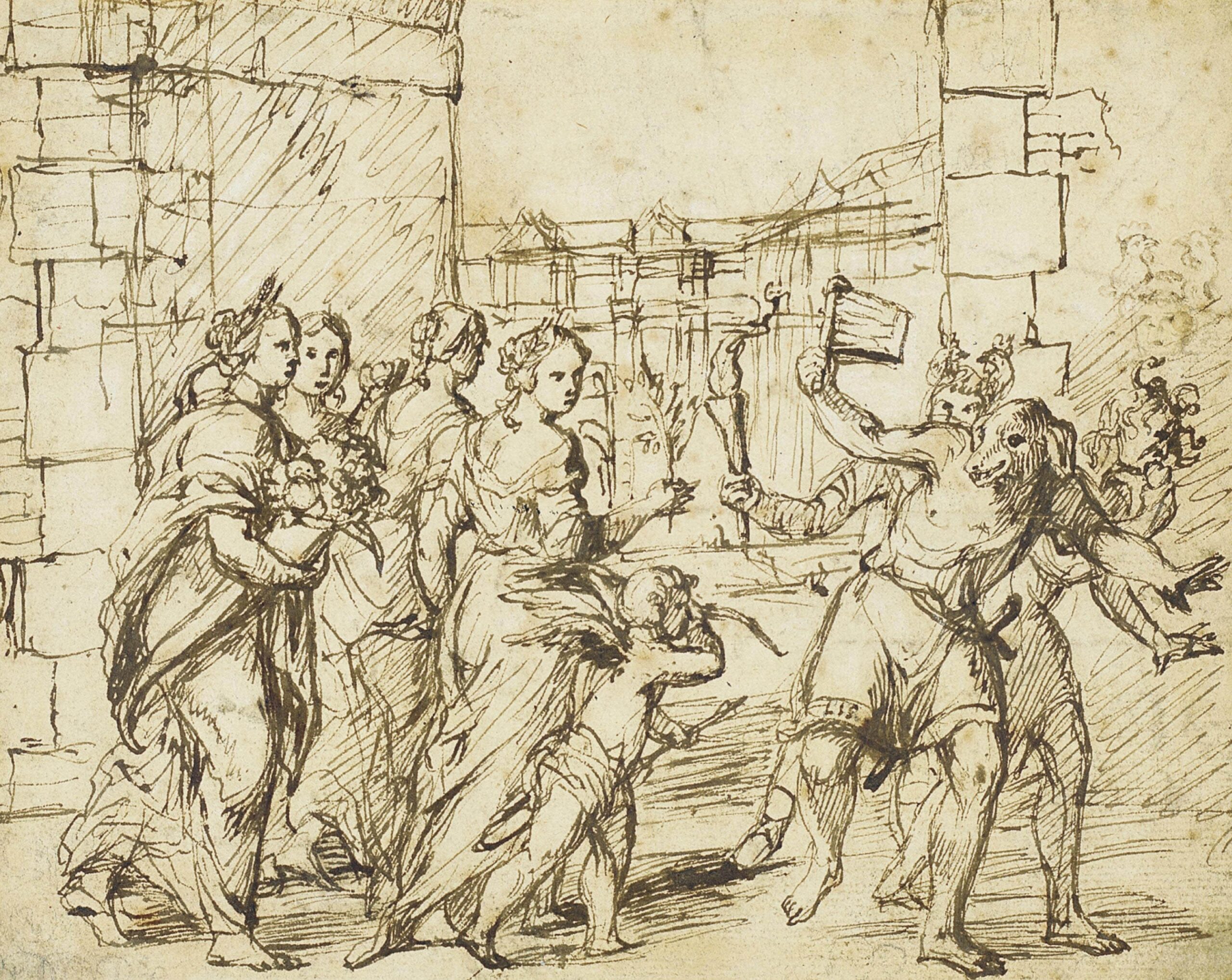 The Lupercalian Festival in Rome (ca. 1578–1610), drawing by the circle of Adam Elsheimer, showing the Luperci dressed as dogs and goats, with Cupid and personifications of fertility