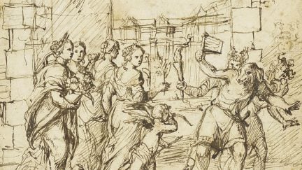 The Lupercalian Festival in Rome (ca. 1578–1610), drawing by the circle of Adam Elsheimer, showing the Luperci dressed as dogs and goats, with Cupid and personifications of fertility