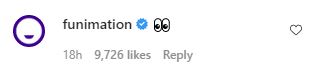 Screenshot of Funimation's comment on John Cena's Instagram post