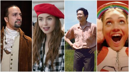 collage: Lin-manuel Moranda in hamilton, Emily in paris, minari and sia's music