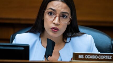 Rep. Alexandria Ocasio-Cortez, D-N.Y., questions Postmaster General Louis DeJoy during a House Oversight and Reform Committee hearing on slowdowns at the Postal Service ahead of the November elections on Capitol Hill in Washington,DC on August 24, 2020. (Photo by Tom Williams / POOL / AFP) (Photo by TOM WILLIAMS/POOL/AFP via Getty Images)