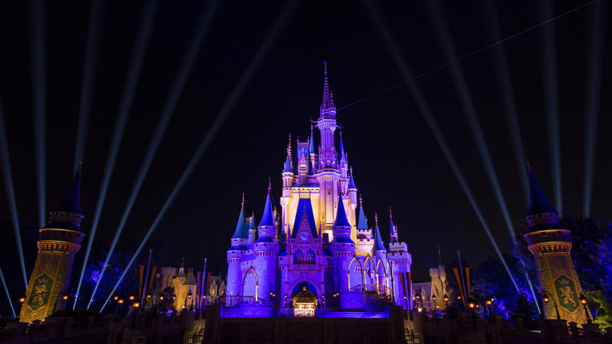 LAKE BUENA VISTA, FL: Cinderella Castle inside the Magic Kingdom Park is lit purple and gold in honor of the Los Angeles Lakers winning the 2020 NBA Final on October 11, 2020 at Walt Disney World in Lake Buena Vista, Florida. (Photo by David Roark/Disney Resorts via Getty Images)