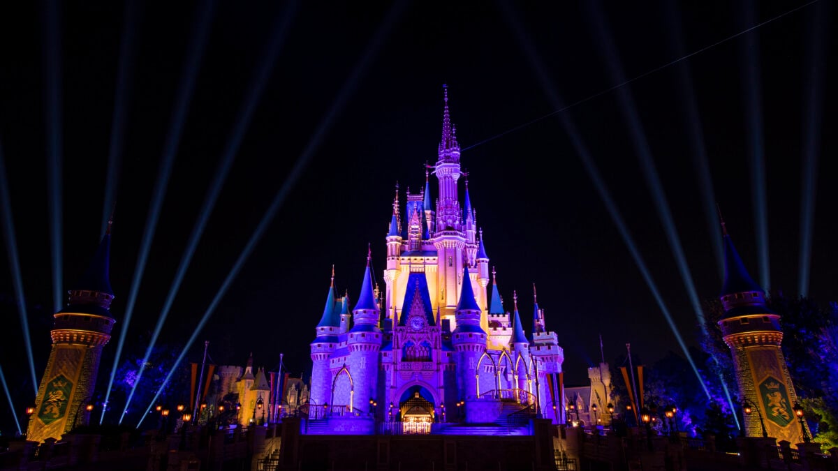 LAKE BUENA VISTA, FL: Cinderella Castle inside the Magic Kingdom Park is lit purple and gold in honor of the Los Angeles Lakers winning the 2020 NBA Final on October 11, 2020 at Walt Disney World in Lake Buena Vista, Florida. (Photo by David Roark/Disney Resorts via Getty Images)