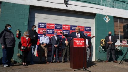 Attorney for the President, Rudy Giuliani, speaks at a news conference in the parking lot of a landscaping company on November 7, 2020 in Philadelphia. - Joe Biden has won the US presidency over Donald Trump, TV networks projected on November 7, 2020. CNN, NBC News and CBS News called the race in his favor, after projecting he had won the decisive state of Pennsylvania. (Photo by Bryan R. Smith / AFP) (Photo by BRYAN R. SMITH/AFP via Getty Images)