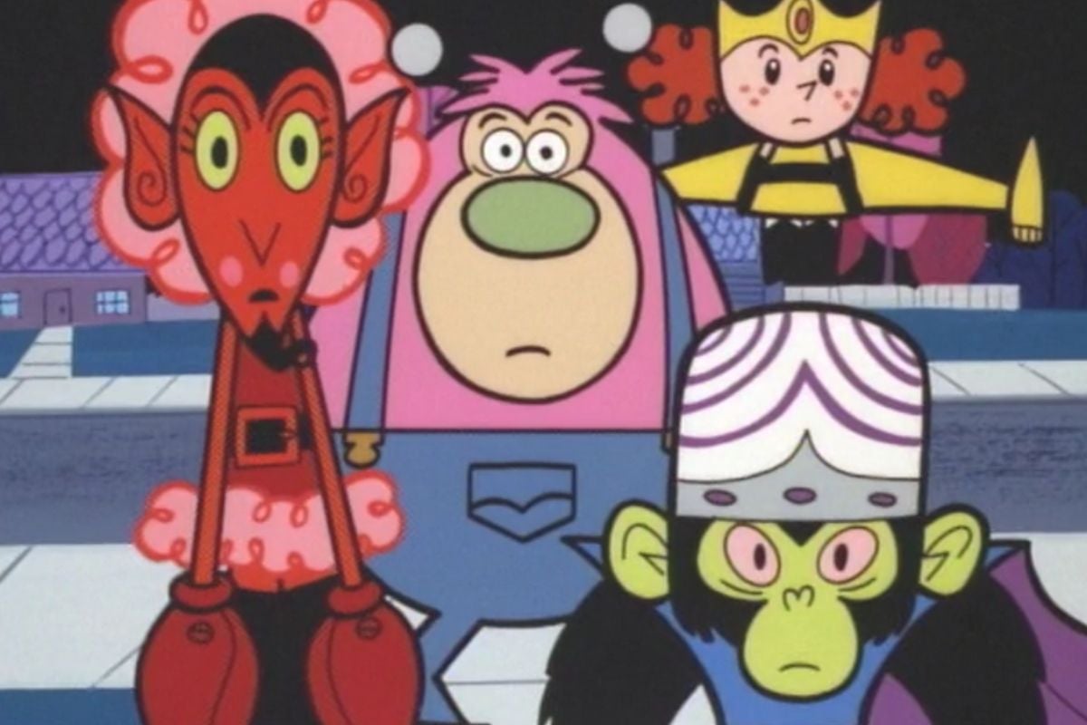 The Powerpuff Girls villains Mojo Jojo, HIM, Fuzzy Lumpkins, and Princess.