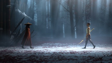 Raya and her nemesis, Namaari, face off amid the snowy mountains of Spine. Featuring Kelly Marie Tran as the voice of Raya and Gemma Chan as the voice of Namaari, Walt Disney Animation Studios’ “Raya and the Last Dragon” will be in theaters and on Disney+ with Premier Access on March 5, 2021. © 2021 Disney. All Rights Reserved.