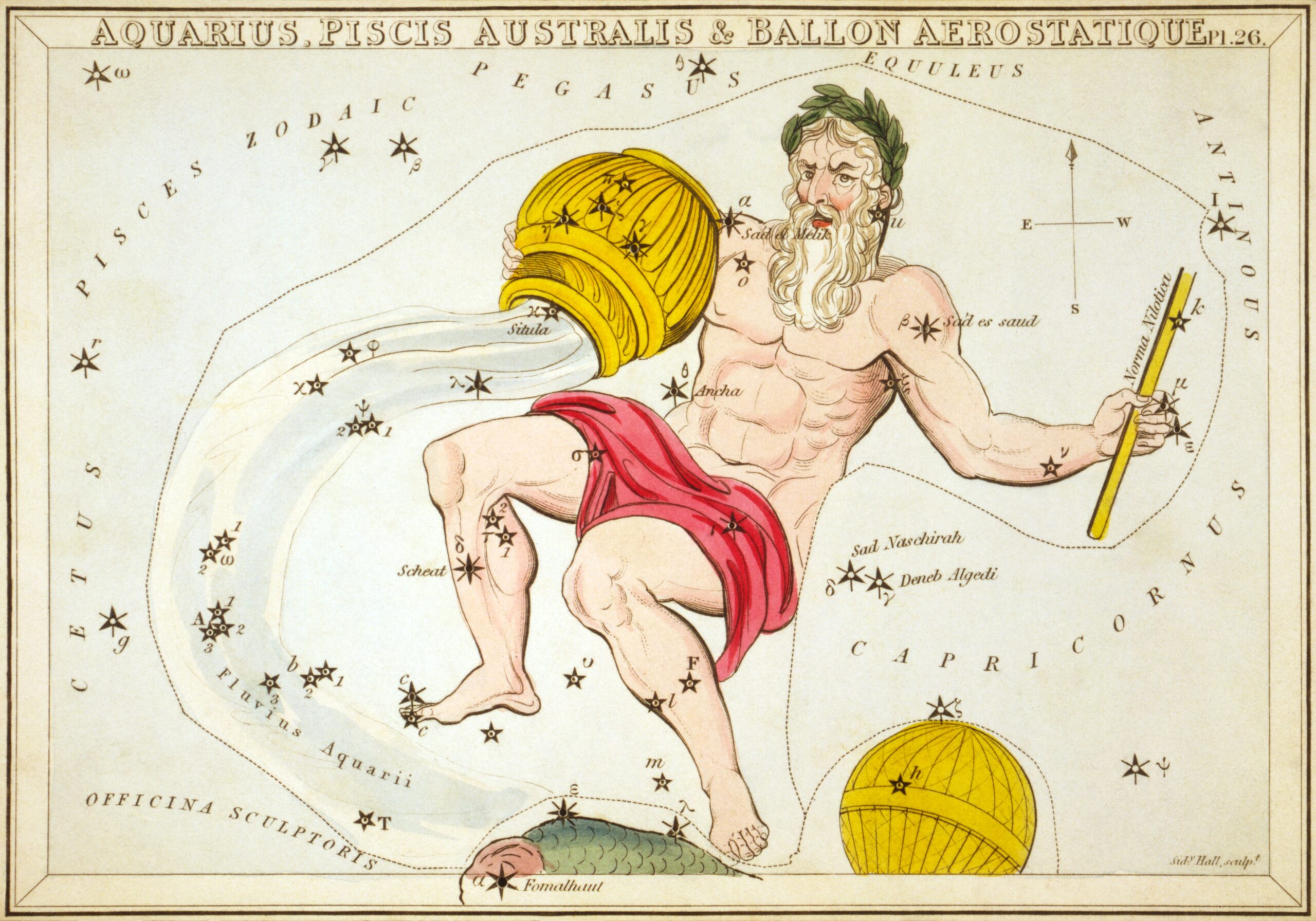 "Aquarius, Piscis Australis & en:Ballon Aerostatique", plate 26 in Urania's Mirror, a set of celestial cards accompanied by A familiar treatise on astronomy ... by Jehoshaphat Aspin. London. Astronomical chart, 1 print on layered paper board : etching, hand-colored.