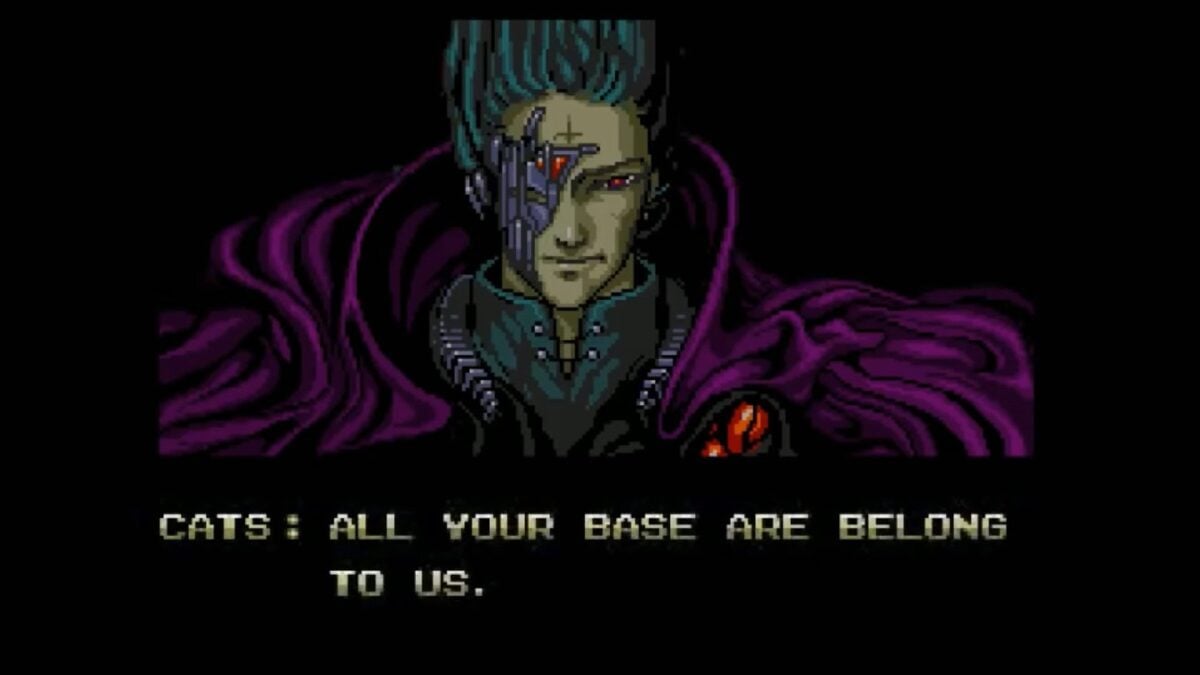 videogame screen with cyborg guy saying "all your base are belong to us"